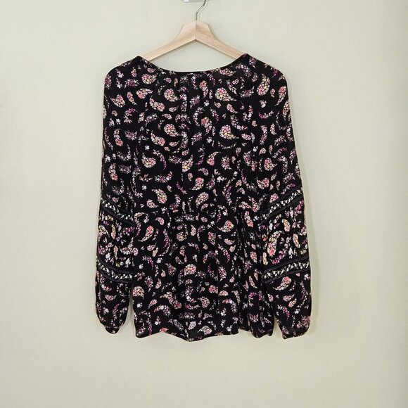 Old Navy Top Women M Black Floral Paisley Puff Sleeves Tassels Boho Whimsigoth - Picture 2 of 16